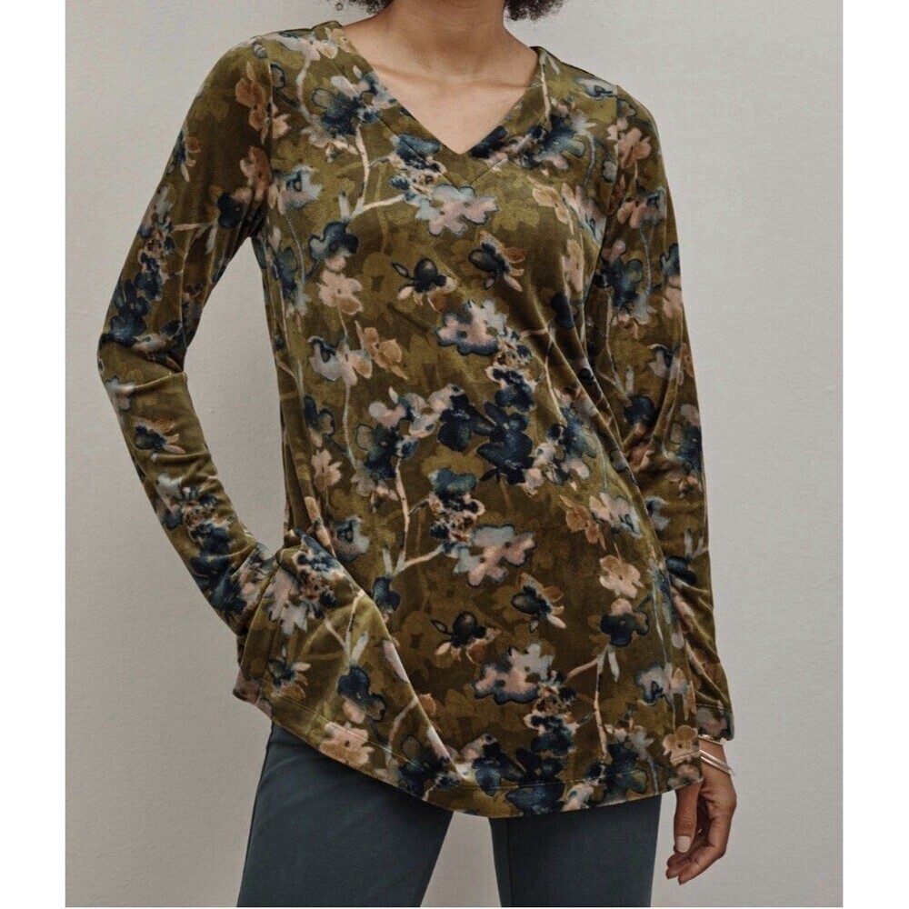 J. Jill Pure Jill Tunic Top Medium Green Floral Velour Velvet V Neck Long Sleeve - Picture 2 of 9